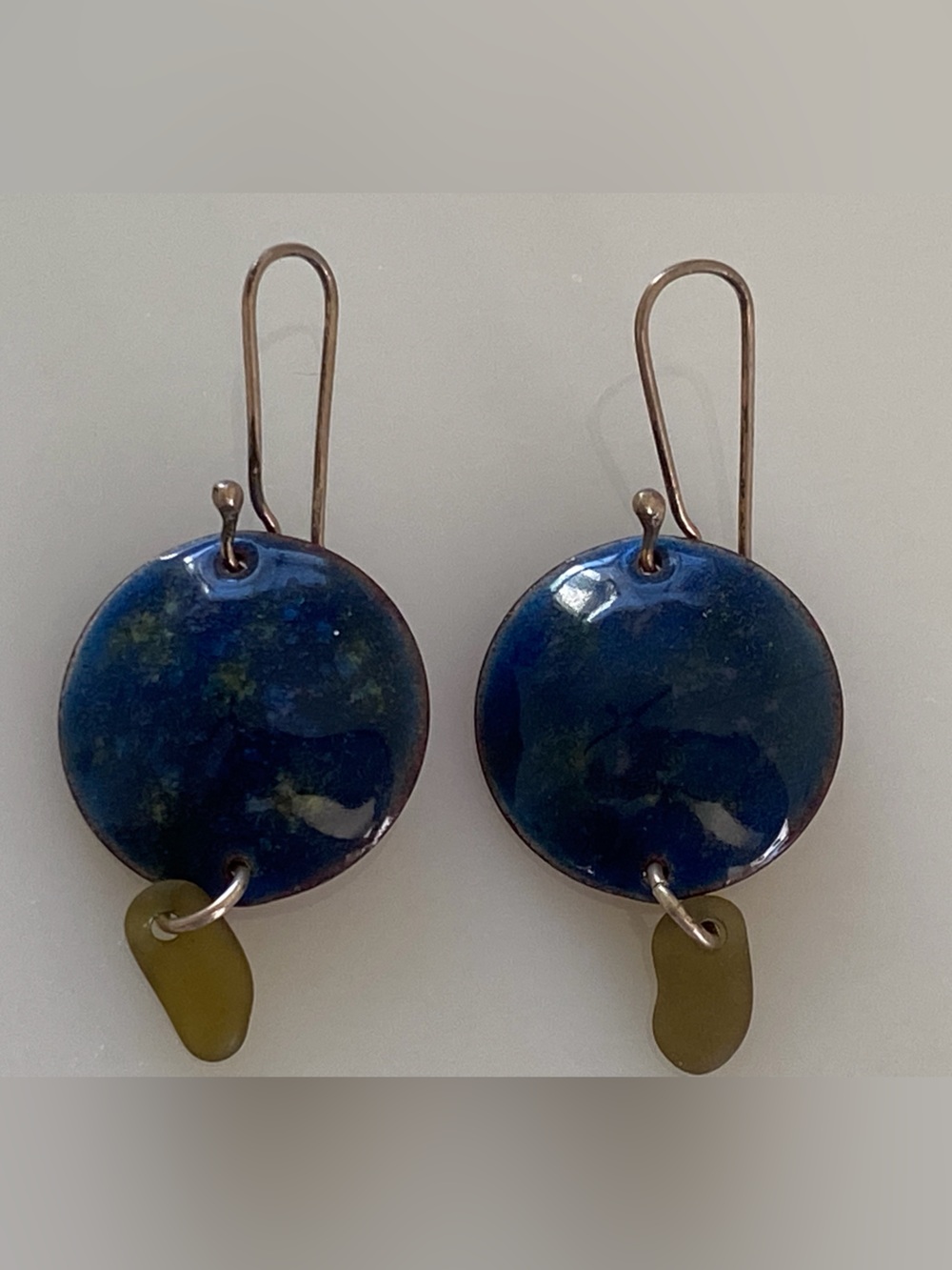 Handmade Torch Fired Enamel on Copper with Seaglass Earrings